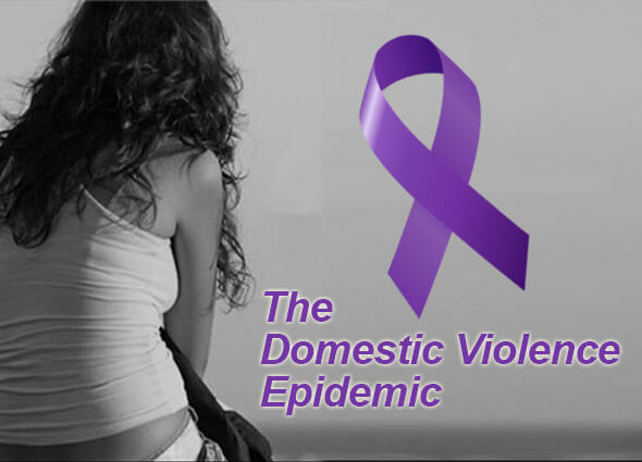 A black and white image of a womans back features a purple ribbon and the phrase the domestic violence epidemic